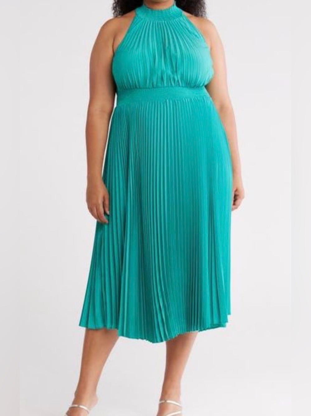 Marina NWOT Teal Pleated Smocked Halter Sleeveless A-Line Midi Chiffon Dress 18W
